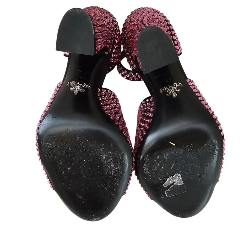 Prada Crystal Embellished Pink Ankle Strap Heel Sandal Size 39.5 US 9.5 Open Toe - Picture 7 of 9